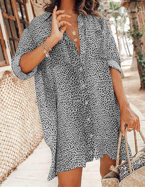 Brunhild Leopard Print Long Sleeve Shirt Mini Dress