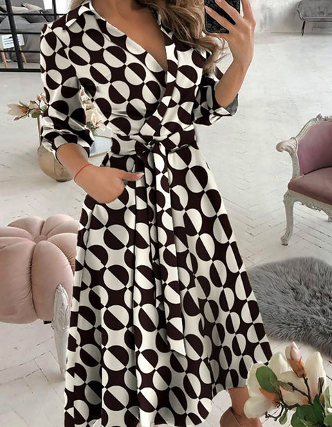 Clementia Geo Pattern Print Colorblock Long Sleeve Wrap Dress