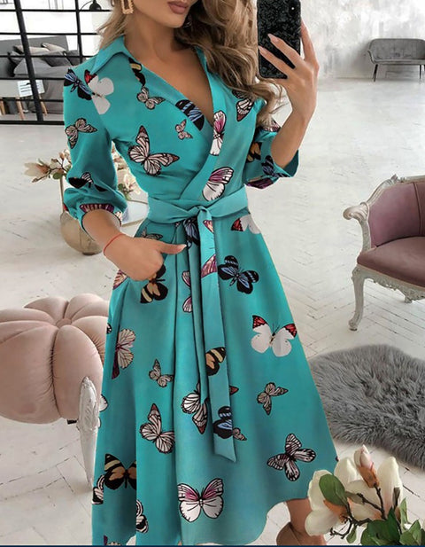 Clementia Geo Pattern Print Colorblock Long Sleeve Wrap Dress