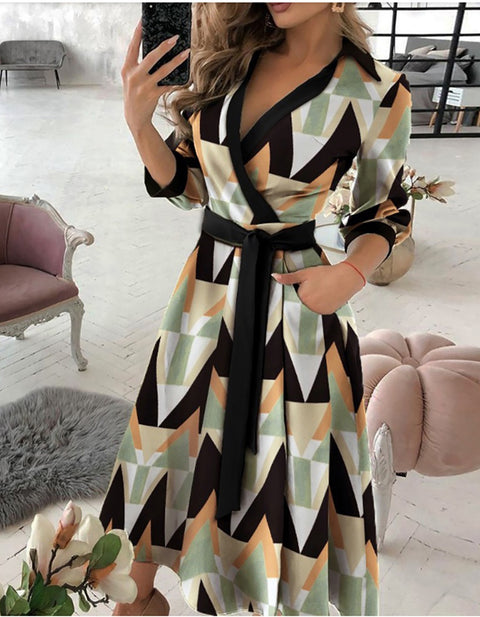 Clementia Geo Pattern Print Colorblock Long Sleeve Wrap Dress