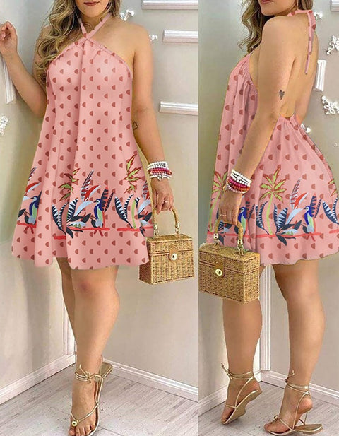 Dietlind Tropical Print Halter Backless Dress