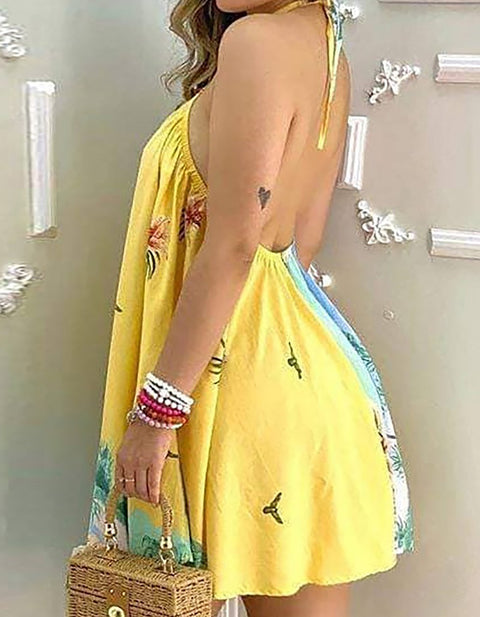 Dietlind Tropical Print Halter Backless Dress