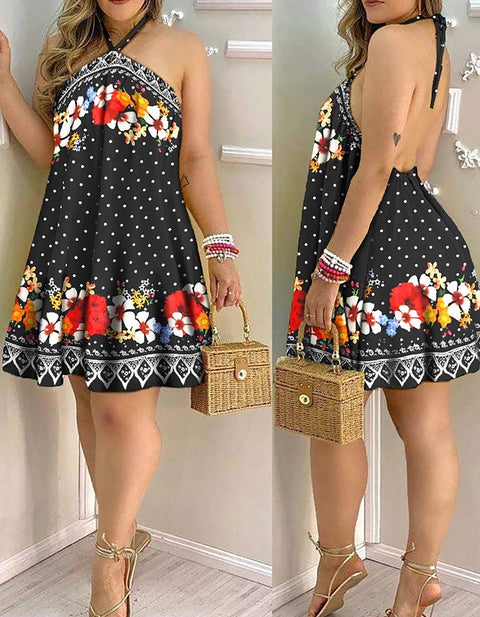 Dietlind Tropical Print Halter Backless Dress