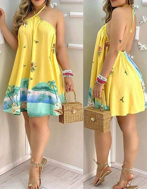 Dietlind Tropical Print Halter Backless Dress