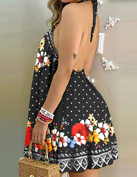 Dietlind Tropical Print Halter Backless Dress