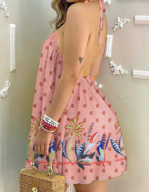 Dietlind Tropical Print Halter Backless Dress