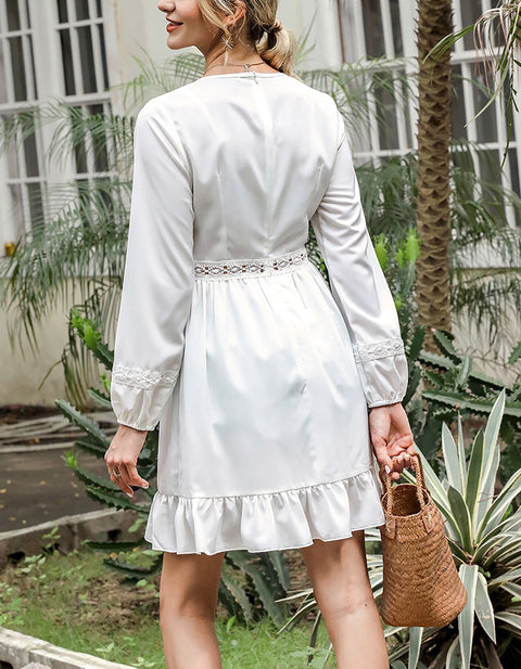 High Waist V Neck Long Lanern Sleeve Women's Casual Dress