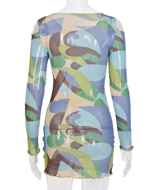 Caroline Print Organza Mesh Midi Dress