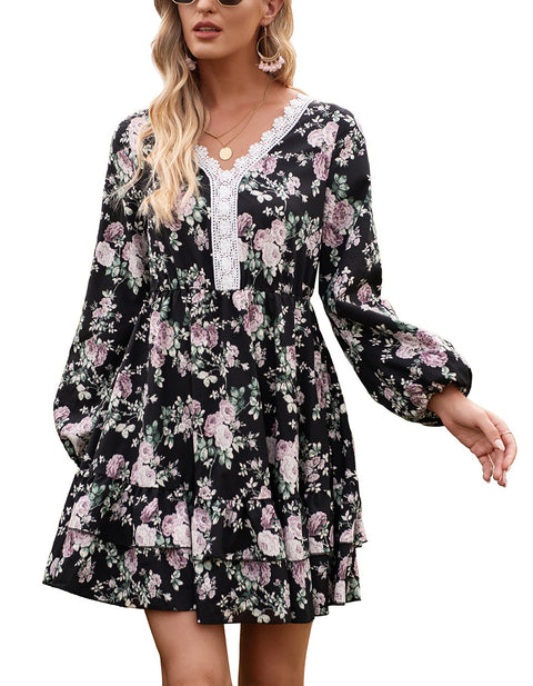 Long Lantern Sleeve Elegant Ruffles V Neck Party Dresses