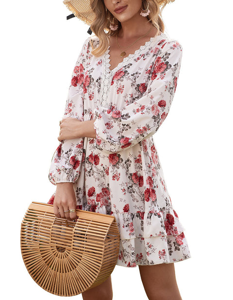 Long Lantern Sleeve Elegant Ruffles V Neck Party Dresses