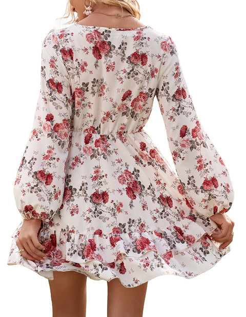 Long Lantern Sleeve Elegant Ruffles V Neck Party Dresses
