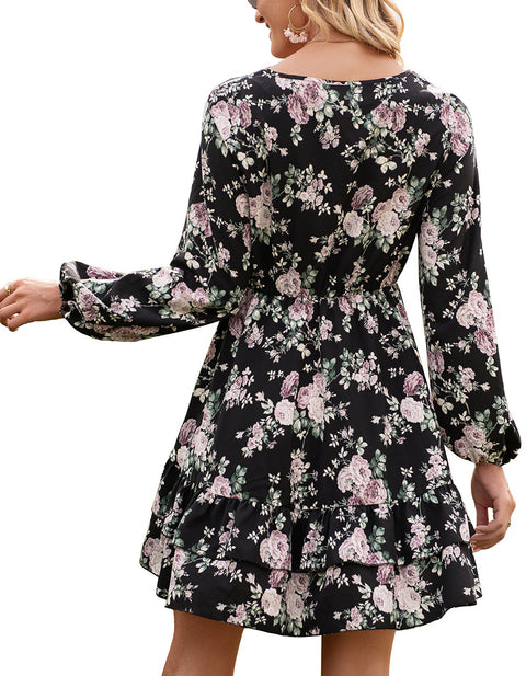 Long Lantern Sleeve Elegant Ruffles V Neck Party Dresses