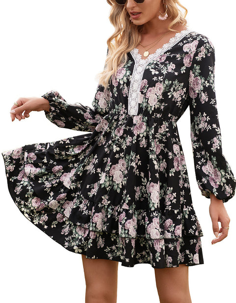 Long Lantern Sleeve Elegant Ruffles V Neck Party Dresses