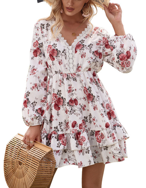 Long Lantern Sleeve Elegant Ruffles V Neck Party Dresses
